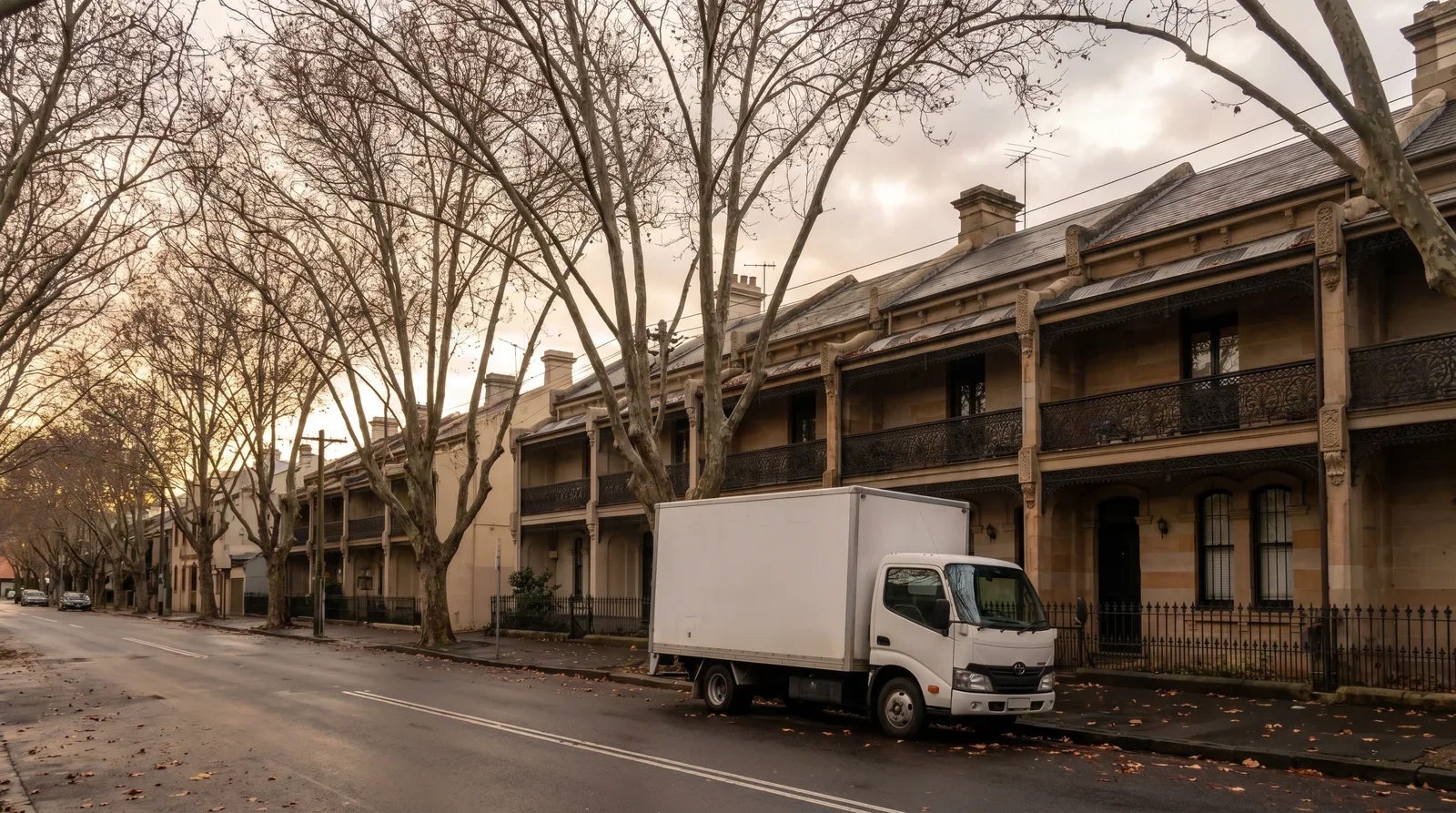Removalists carefully carrying a wrapped sofa from an Inner West terrace, with a moving truck at the kerb